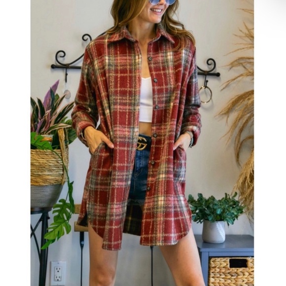 Burgundy Plaid Brushed Flannel Shirt Long Sleeve Shacket Multi Womens Sizes NWT - Picture 1 of 13